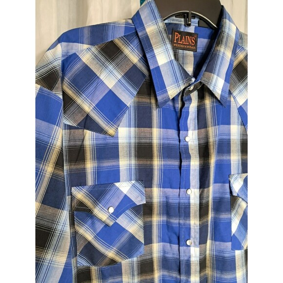 Plains Western Shirt Mens 2XL Big Man Blue Black Plaid Short Sleeve Pearl Snap - Picture 3 of 10